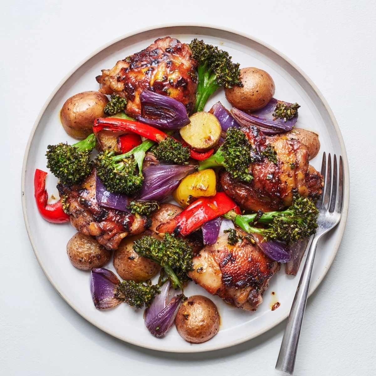 Baked honey lemon roasted chicken sheet pan meal, served hot and garnished with fresh lemon zest.