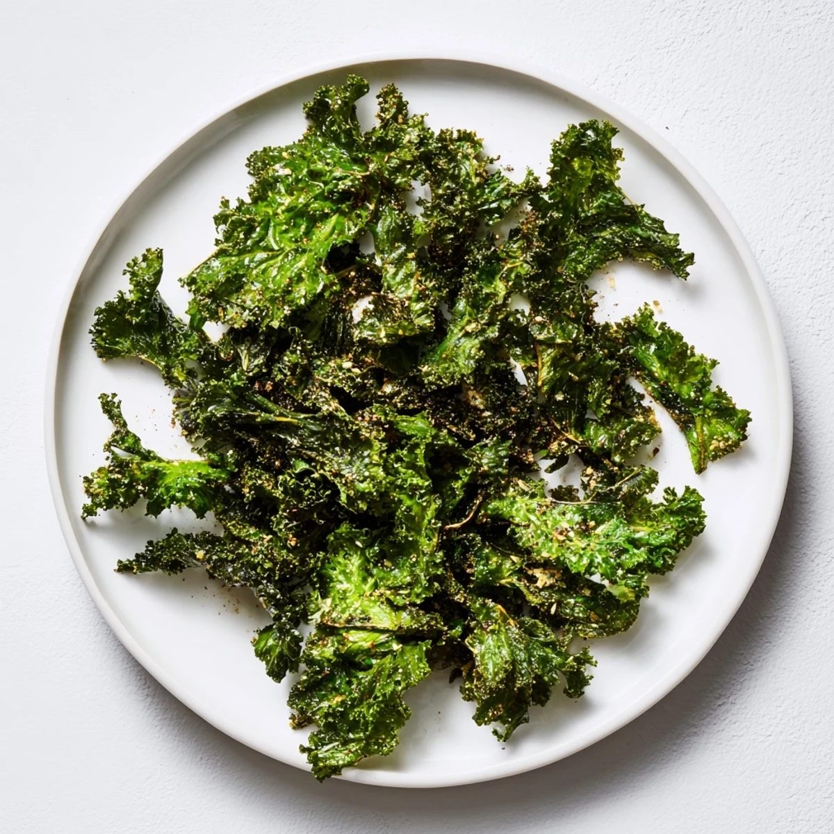 Sea salt and garlic seasoned kale chips fresh from the oven, ready to enjoy as a light snack.
