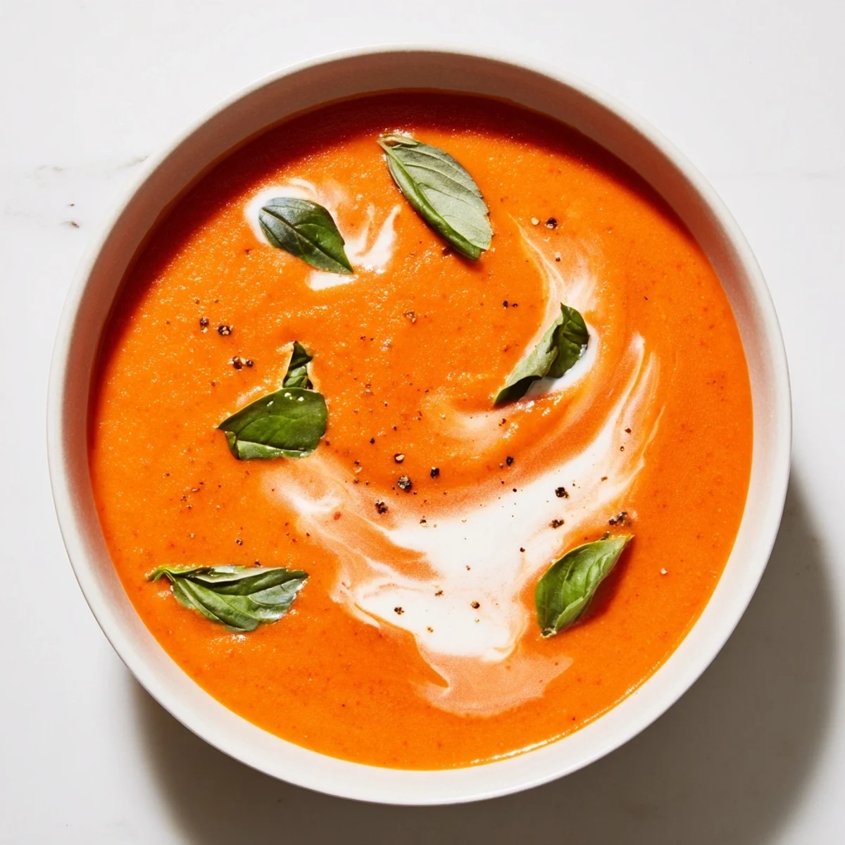 A steaming bowl of creamy Comfort Soup: the best homemade tomato and basil soup, garnished with fresh basil.
