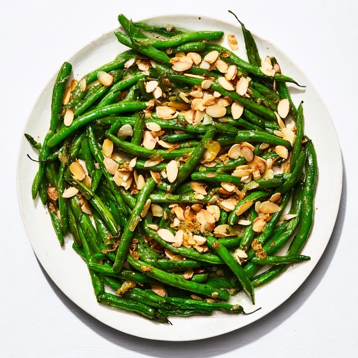Fresh Sautéed Green Beans with Garlic and Almonds glistening with olive oil and fragrant garlic, ready to serve.