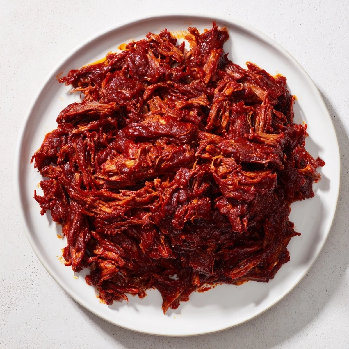 A close-up of slow-cooked 5-Ingredient BBQ Pulled Pork, glistening with rich barbecue sauce.