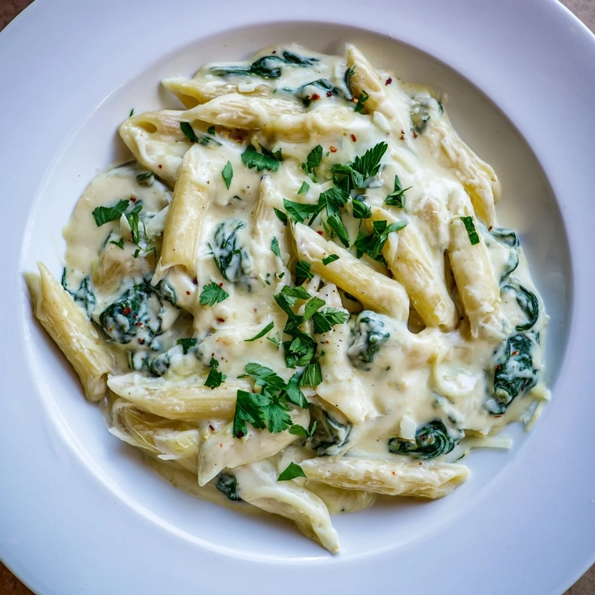 A single serving of The Magic Casserole: Creamy Spinach Pasta with a sprinkle of fresh parsley on top.