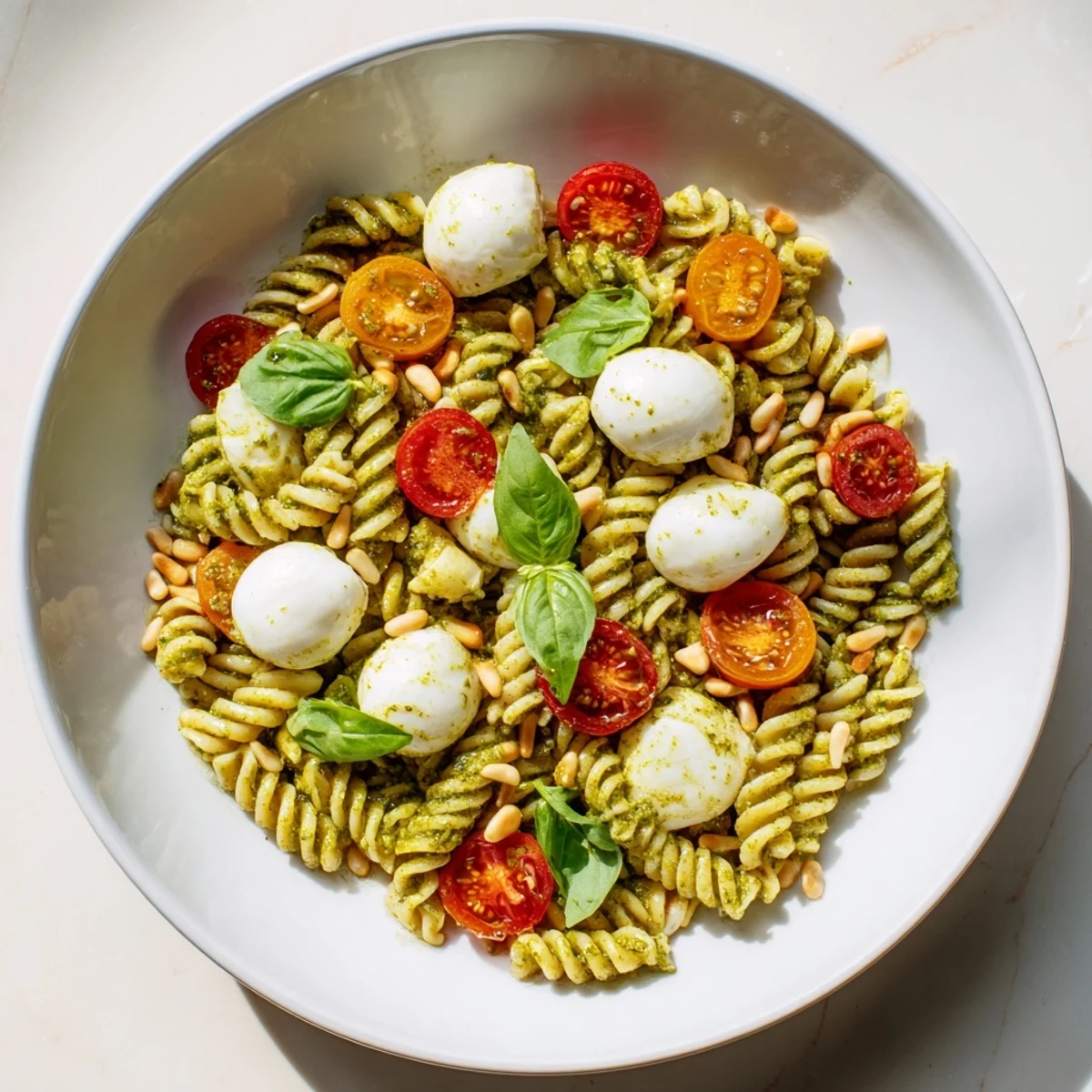 Cold pasta salad with pesto, mozzarella, and tomatoes, a summer picnic favorite, visually striking and fresh.