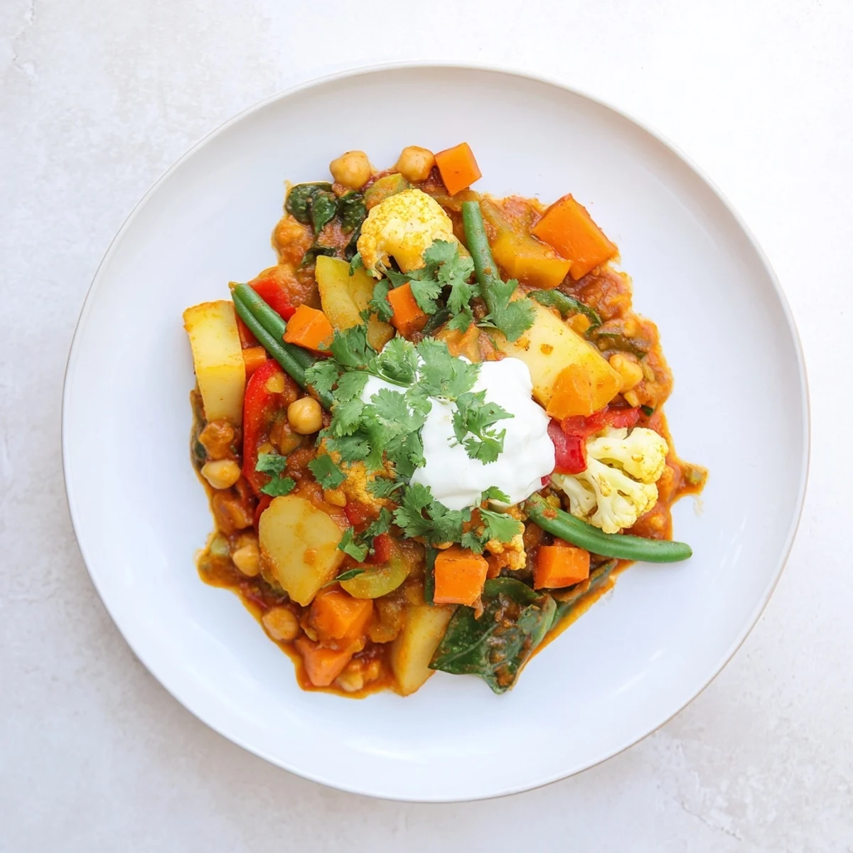 This Waste-Free Vegetarian Curry shows a steaming bowl of curry, served with fluffy white rice and fresh cilantro.
