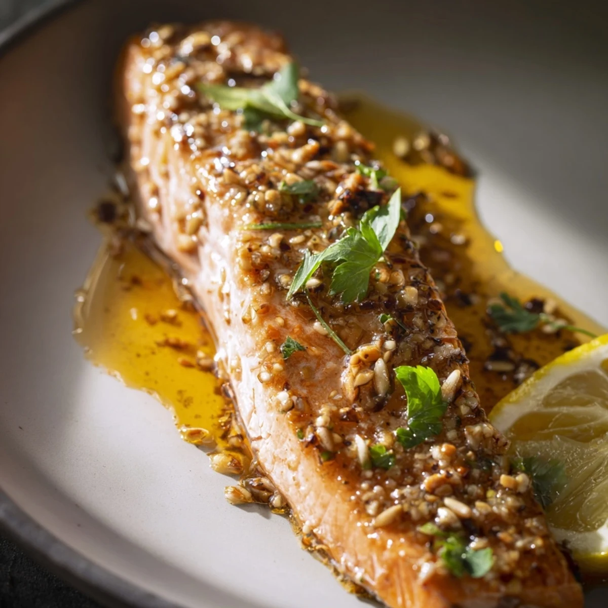 Honey mustard glazed salmon, glistening and cooked perfectly, ready for a flavorful dinner tonight.