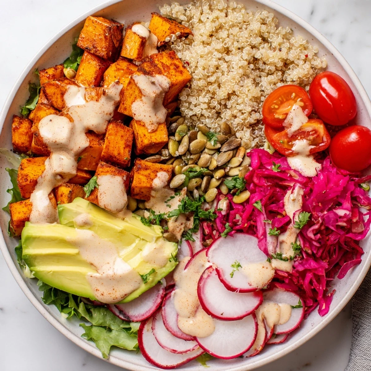 Complete Veggie Bowl brimming with roasted sweet potato, quinoa, and creamy tahini dressing, ready to enjoy.
