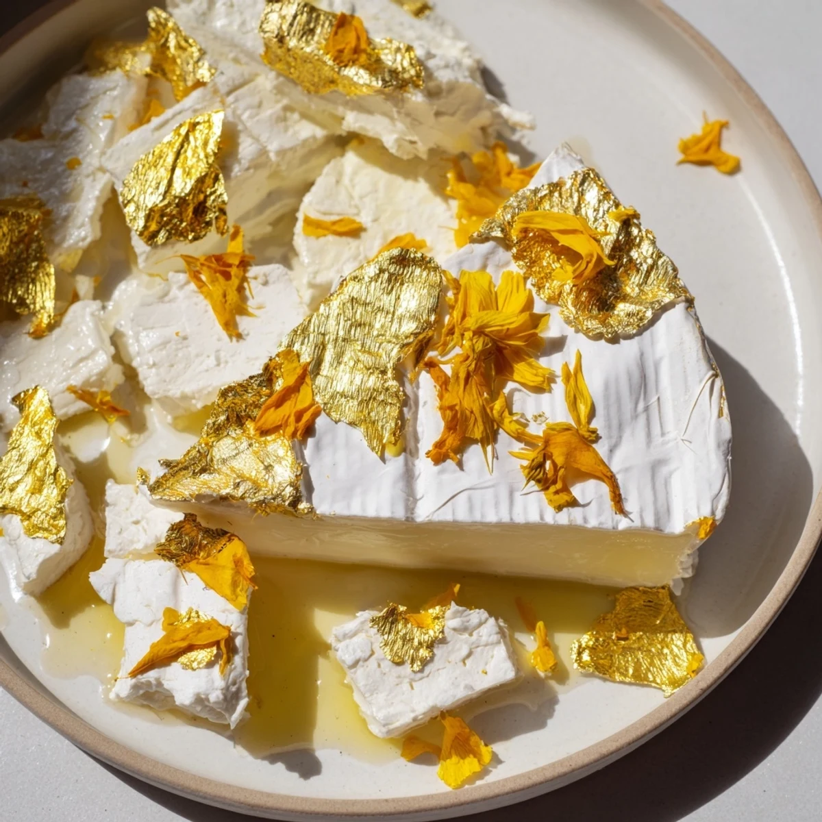The Gilded Lily cheese platter, adorned with gold and yellow flowers, ready for entertaining guests.