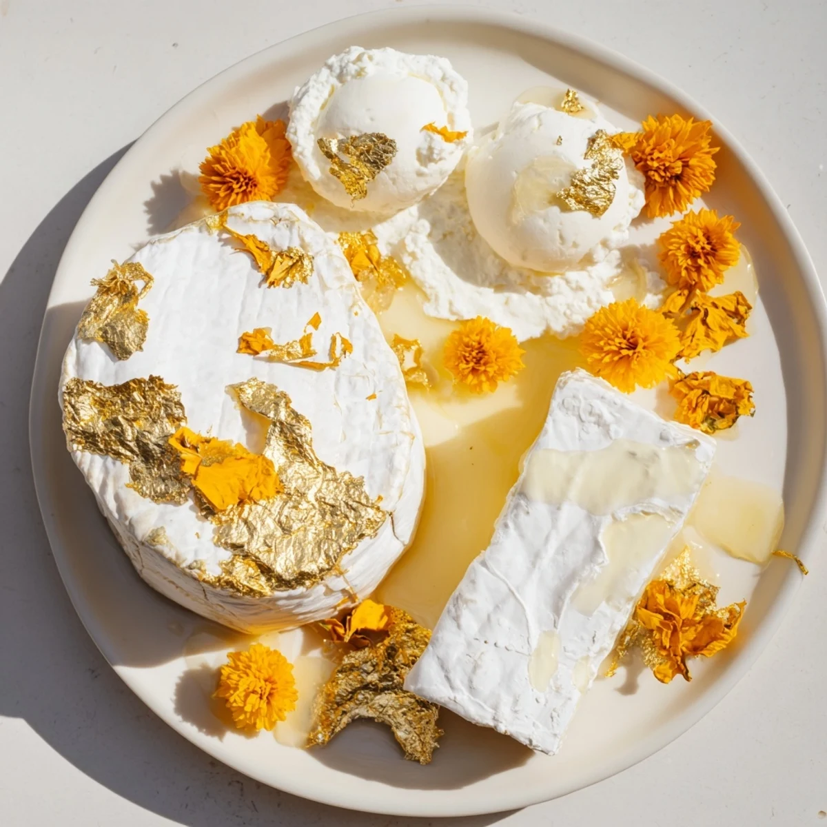 A close-up of The Gilded Lily displays assorted cheeses shimmering with edible gold flakes and flower petals.