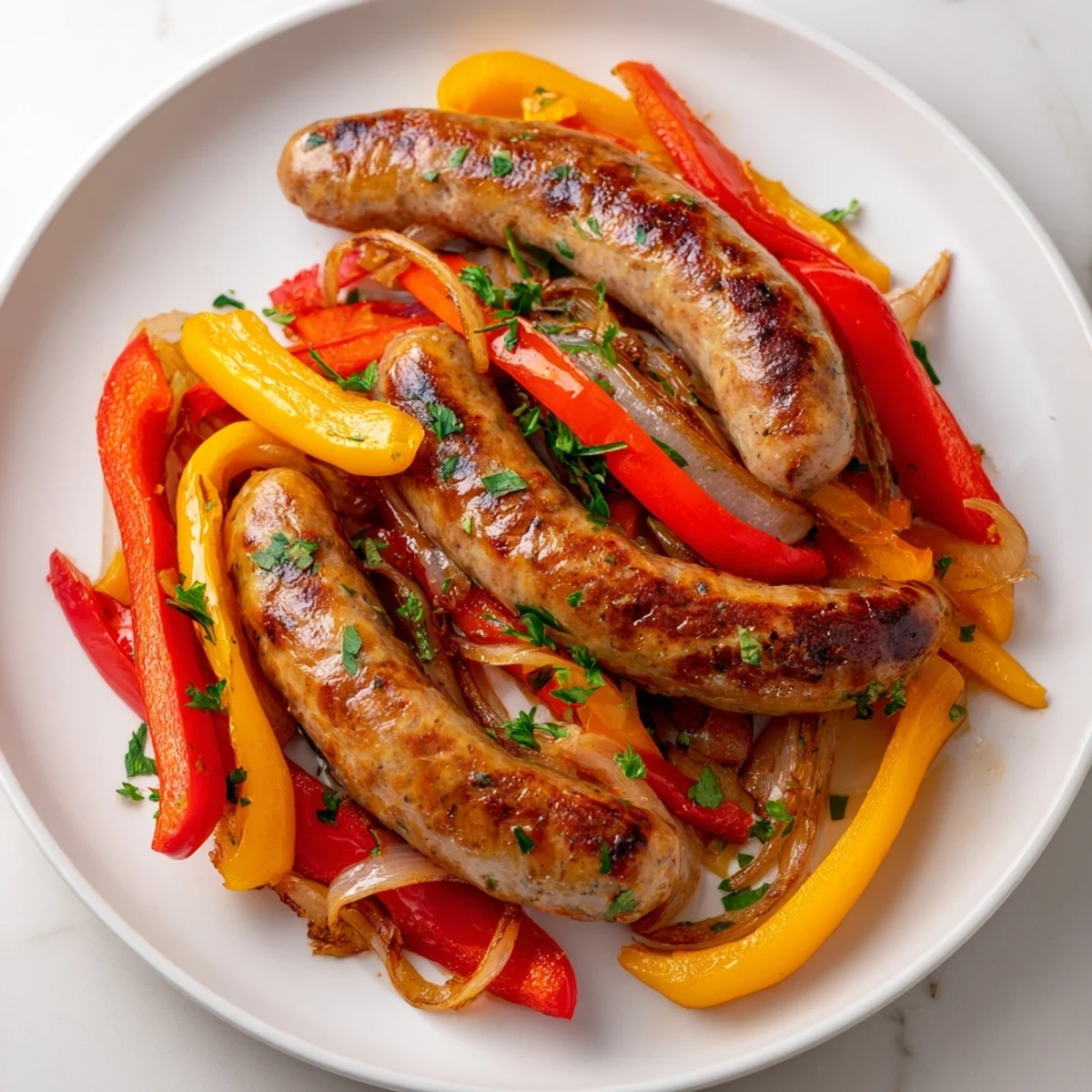 Sizzling Italian sausage with soft peppers and onions, a simple recipe, straight from the sheet pan.