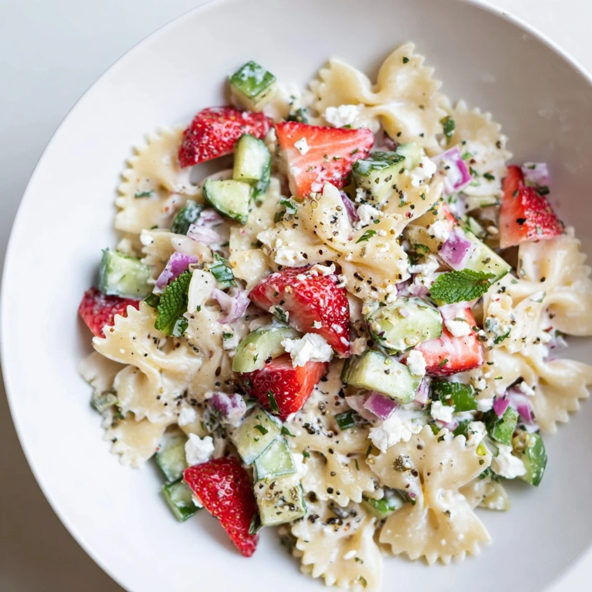 Strawberry Feta Pasta: Vibrant cold salad with juicy strawberries, crumbles of feta, and refreshing herbs.