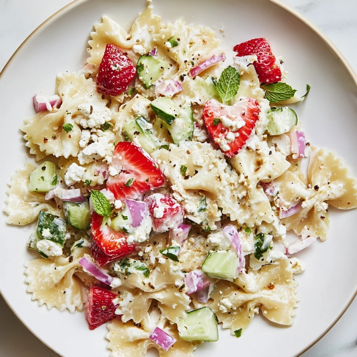 A bowl of delicious Strawberry Feta Pasta is ready, a perfect summer lunch with fresh ingredients.