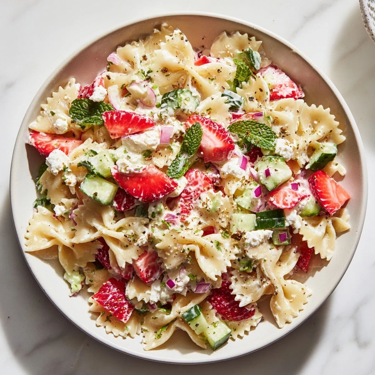 This Strawberry Feta Pasta features pasta tossed with sweet strawberries and creamy yogurt dressing.