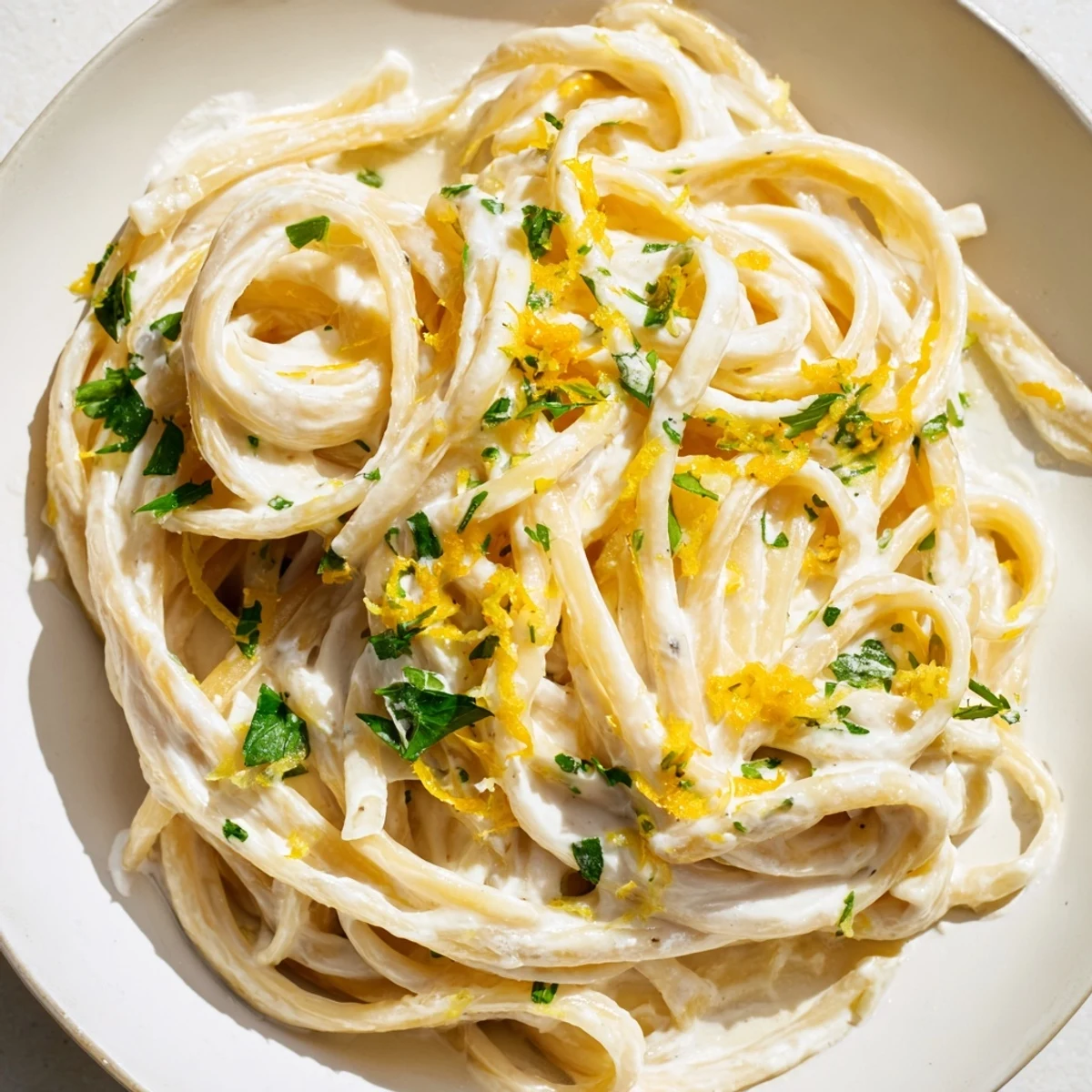Lemon-Garlic Greek Yogurt Pasta, creamy and bright, with a hint of lemon and garlic.