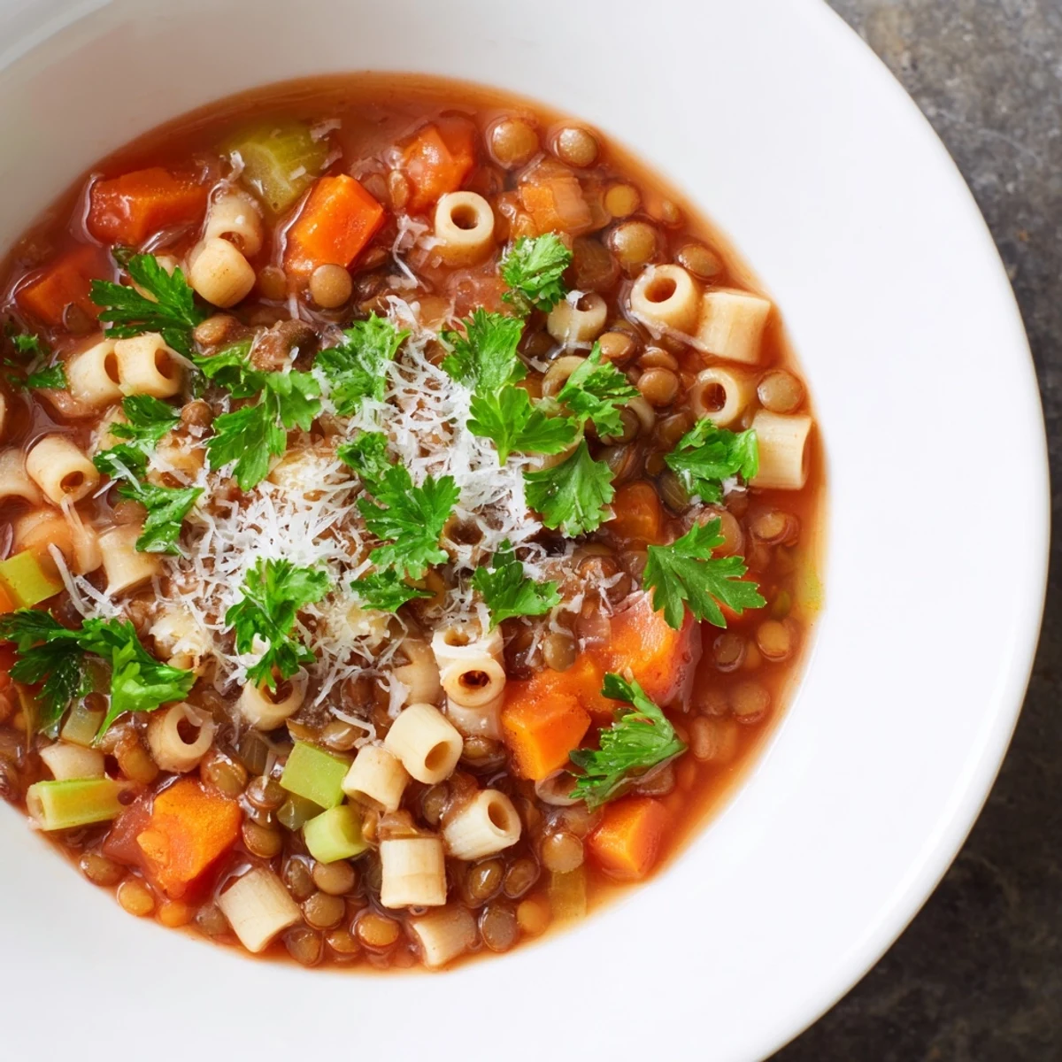 Steaming bowl of ditalini and lentil soup, a hearty Italian vegetarian meal, garnished with fresh parsley.