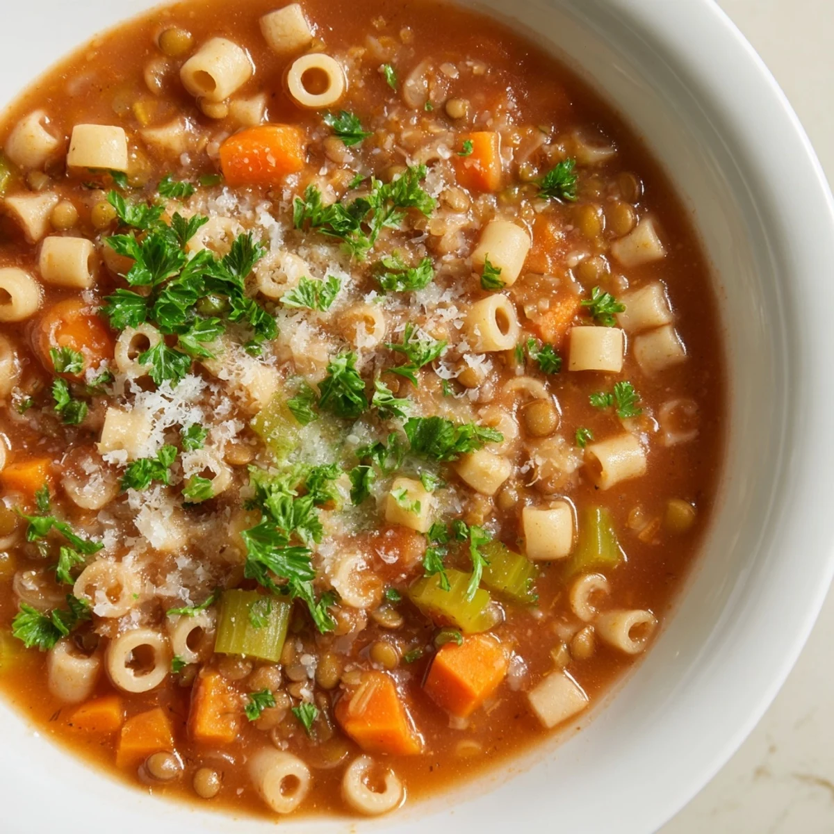 Close-up of a flavorful ditalini and lentil soup simmering with tender lentils, ready to serve, a comforting choice.