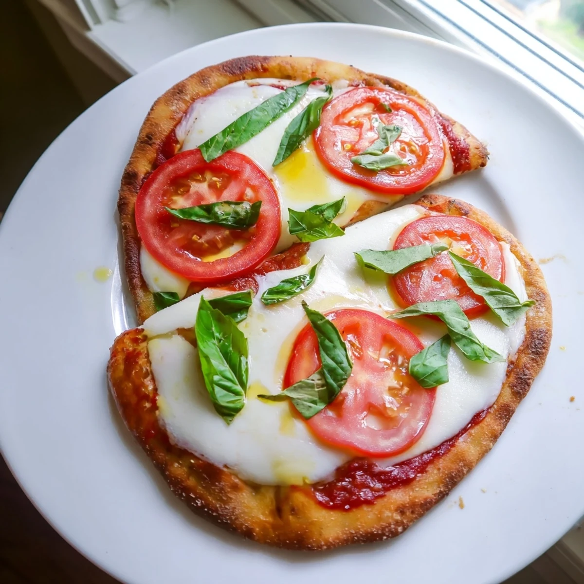 Quick Margherita Naan Pizza with melted mozzarella, ripe tomatoes, and fresh basil, ready to eat.