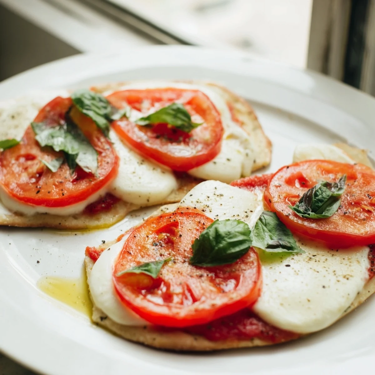 A close-up of a warm Quick Margherita Naan Pizza, showcasing its fresh, vibrant toppings.