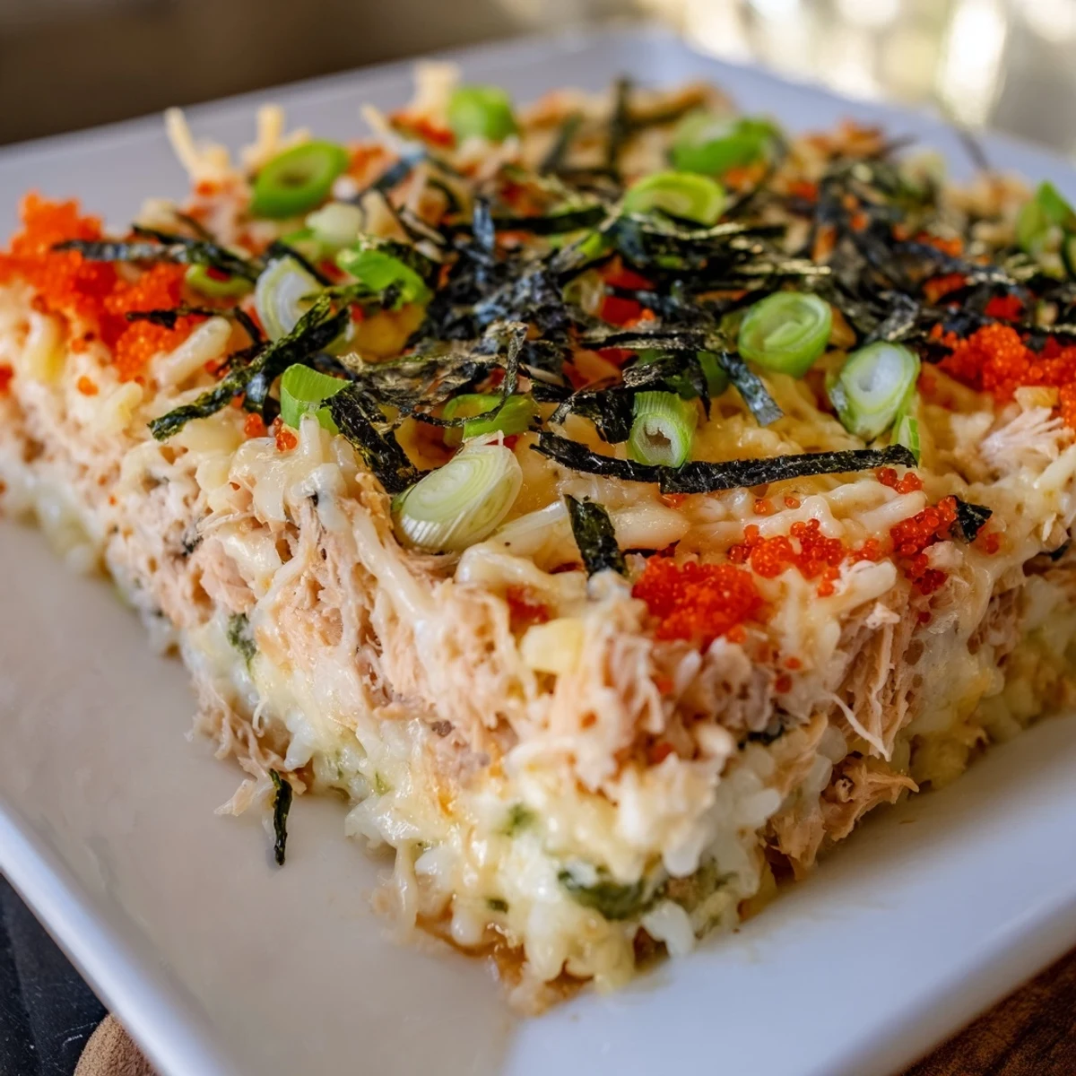 Golden, bubbly Creamy Salmon Sushi Bake, a deconstructed sushi casserole with fragrant sesame seeds.
