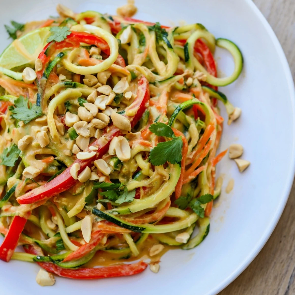 Zesty Peanut Zucchini Noodles: a vibrant salad with colorful veggies in creamy peanut sauce.