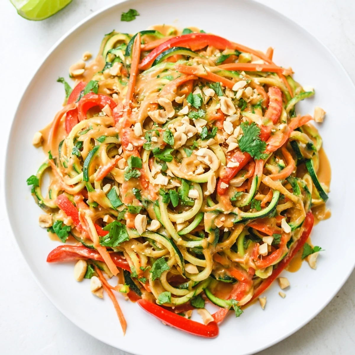Cool Zesty Peanut Zucchini Noodles: refreshing display of spiralized zucchini, peanuts, and herbs.
