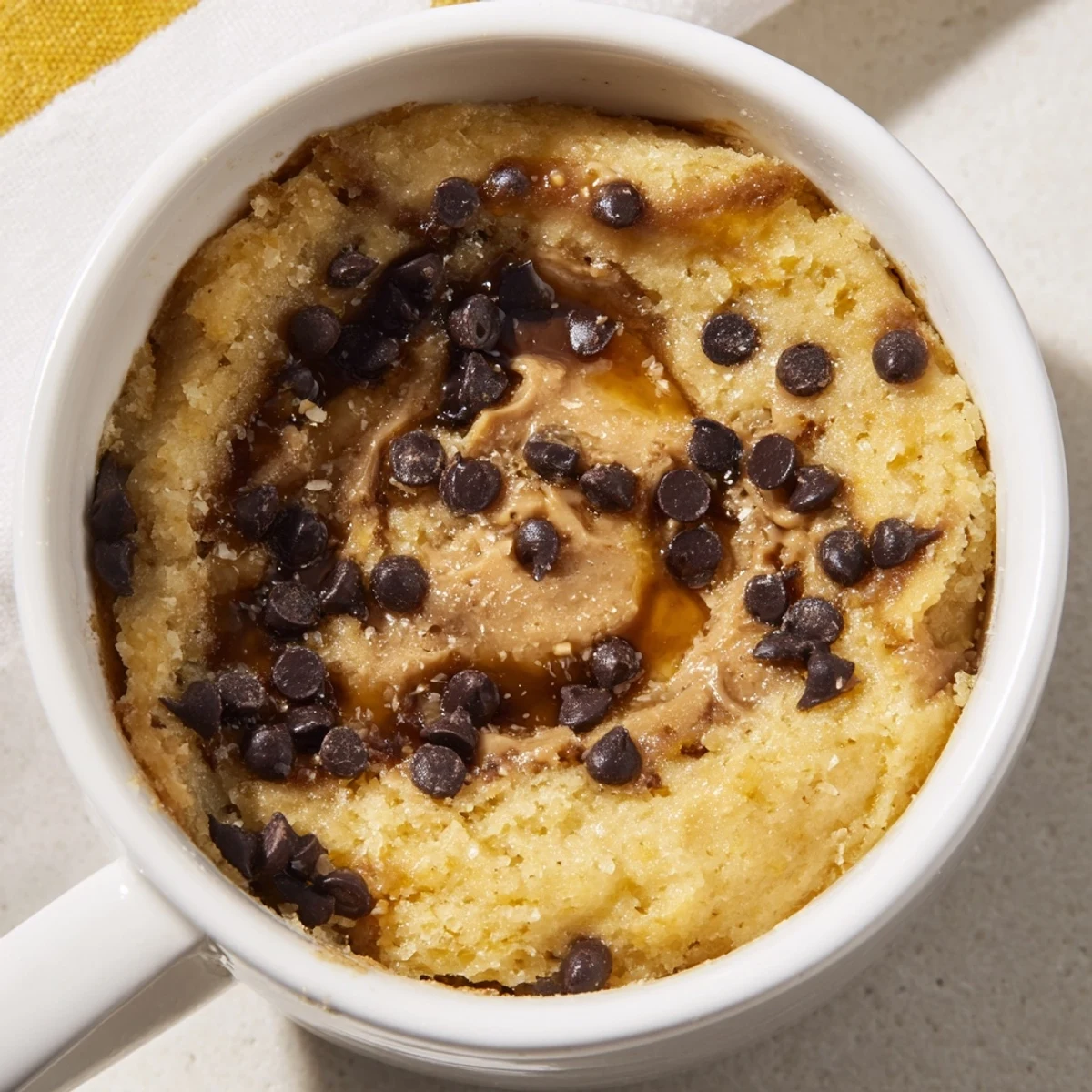 Fluffy and golden 2-Minute Peanut Butter Mug Cake, perfect for a quick individual dessert treat.