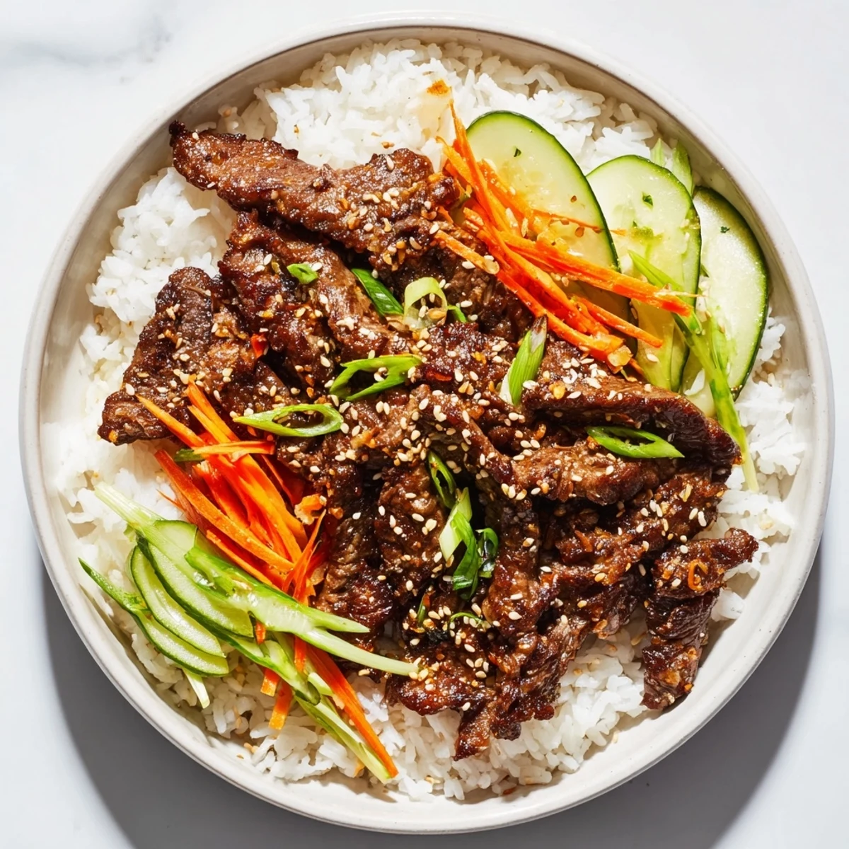 Bulgogi Beef Bowl with glistening, caramelized beef and fresh, colorful vegetables atop fluffy rice.