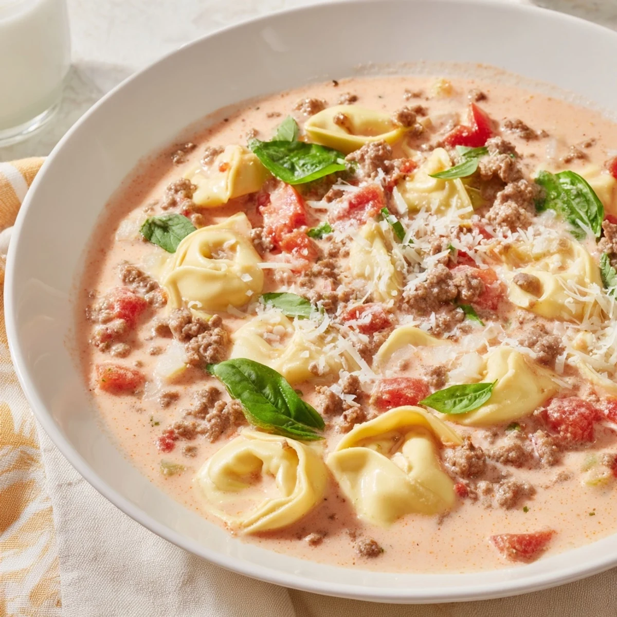Creamy Tortellini Beef Soup with floating cheese tortellini and tender ground beef, ready to warm you.