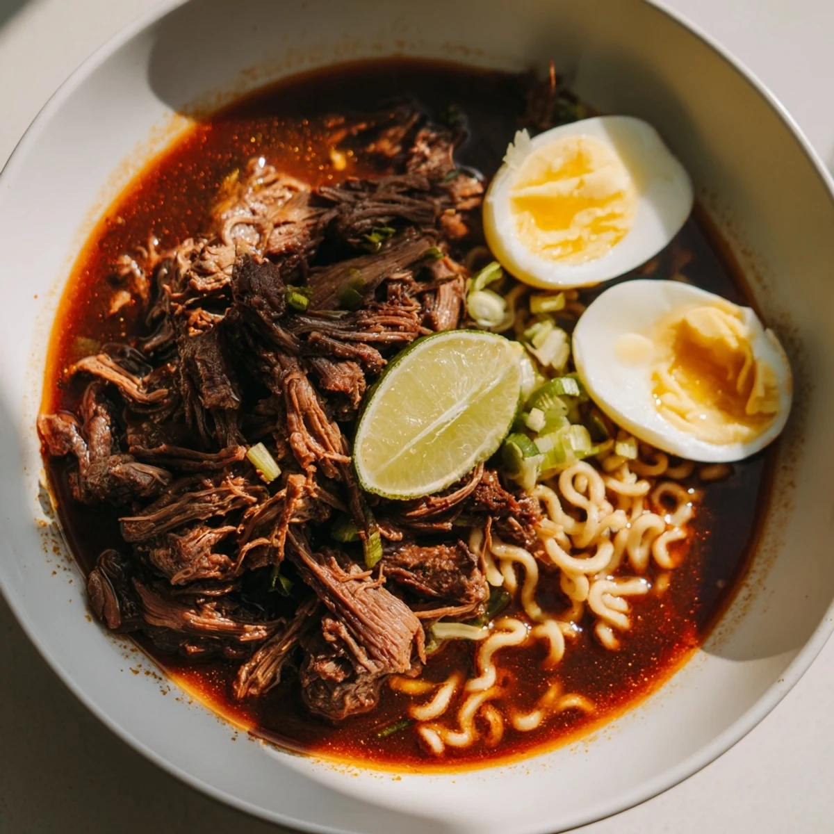 Rich, slow-cooked Chaos Cooking Birria Ramen, served with noodles and fresh, colorful toppings.
