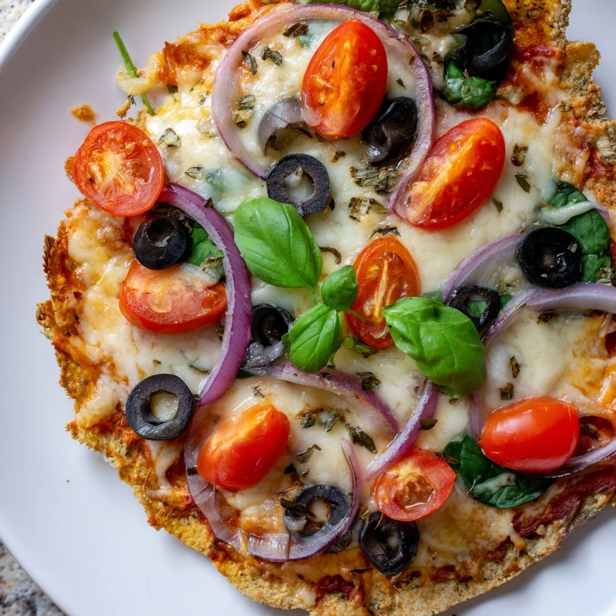 Crispy tortilla pizza, golden brown and bubbly, with melty cheese and fresh sliced tomatoes.