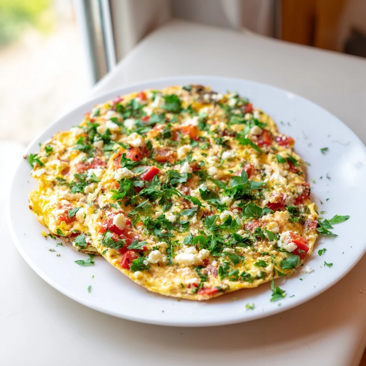 Golden-brown Turkish Menemen Eggs Pizza, with flavorful scrambled eggs, bubbly feta, and fresh parsley.