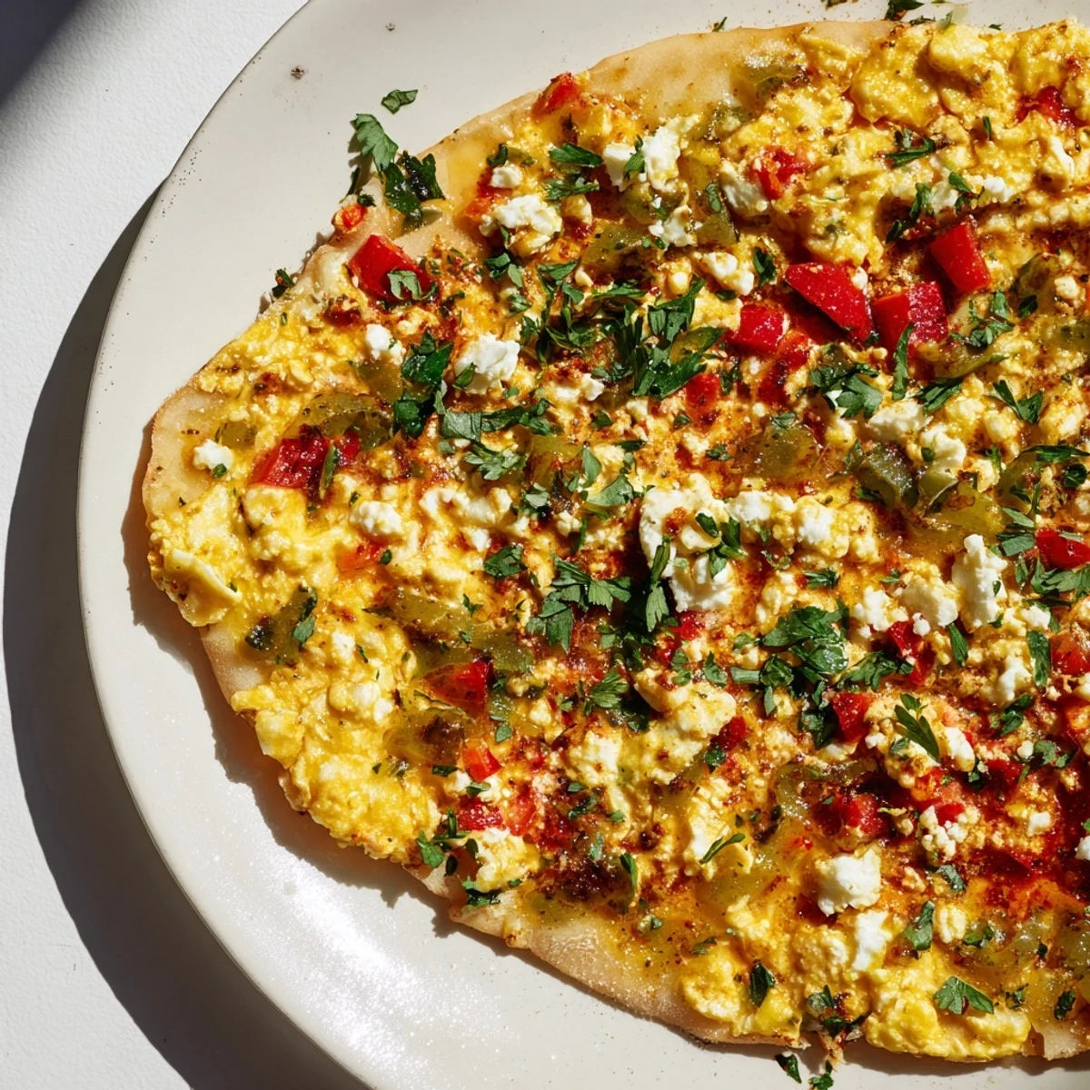 Crispy pizza crust topped with spiced menemen, showcasing this easy Turkish Eggs Pizza recipe for brunch.