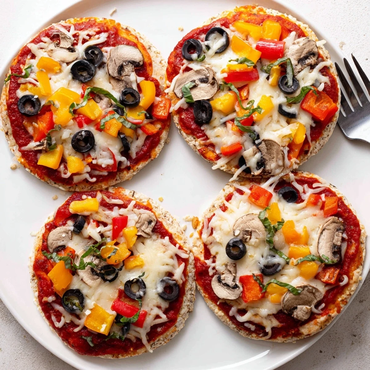 Crispy, cheesy Rice Cake Pizza Squares with vibrant toppings are freshly baked and aromatic.