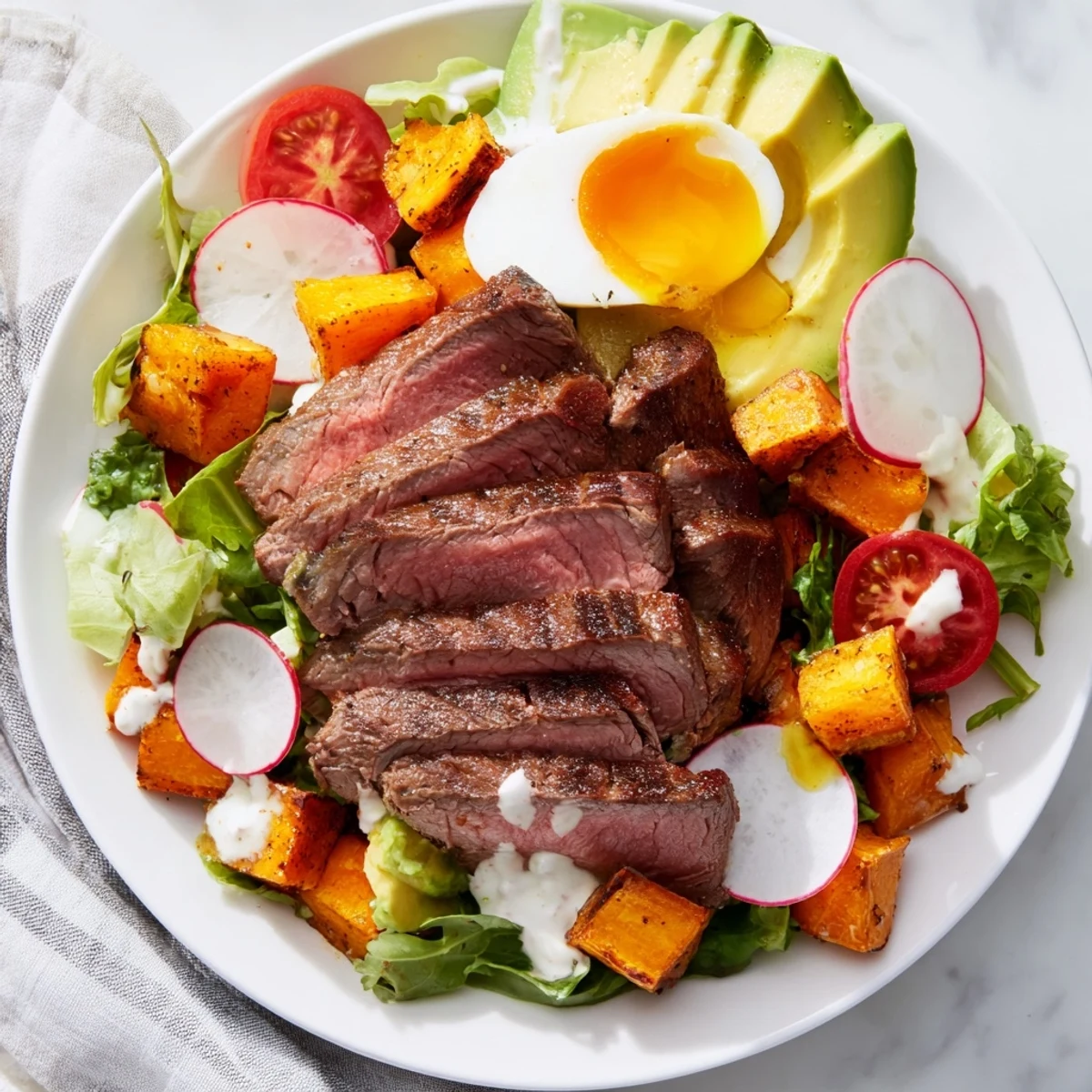 Sliced beef and creamy avocado rest atop greens in a finished High-Protein Beef Avocado Bowl.