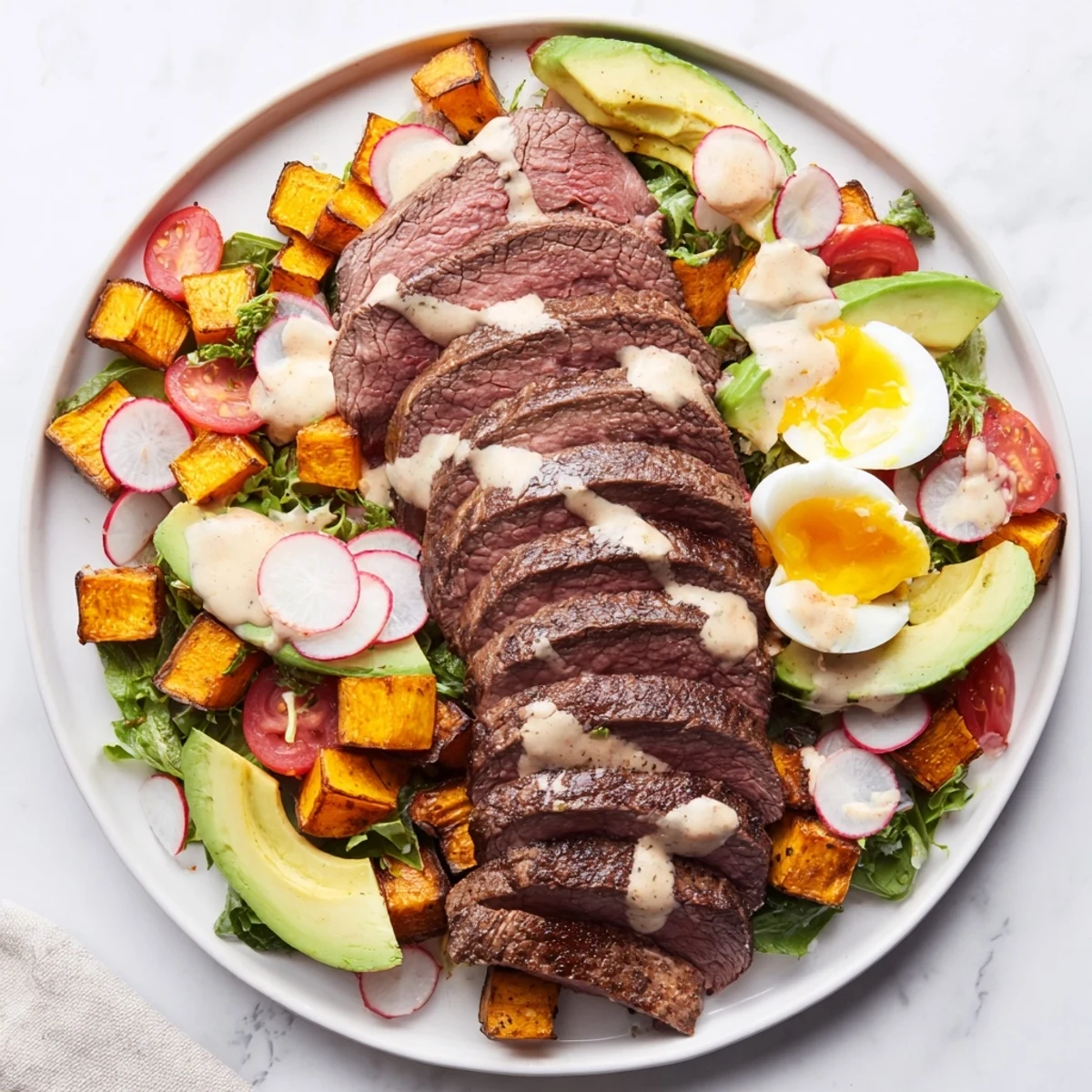 Imagine this: A flavorful High-Protein Beef Avocado Bowl with tender steak and a perfect egg.