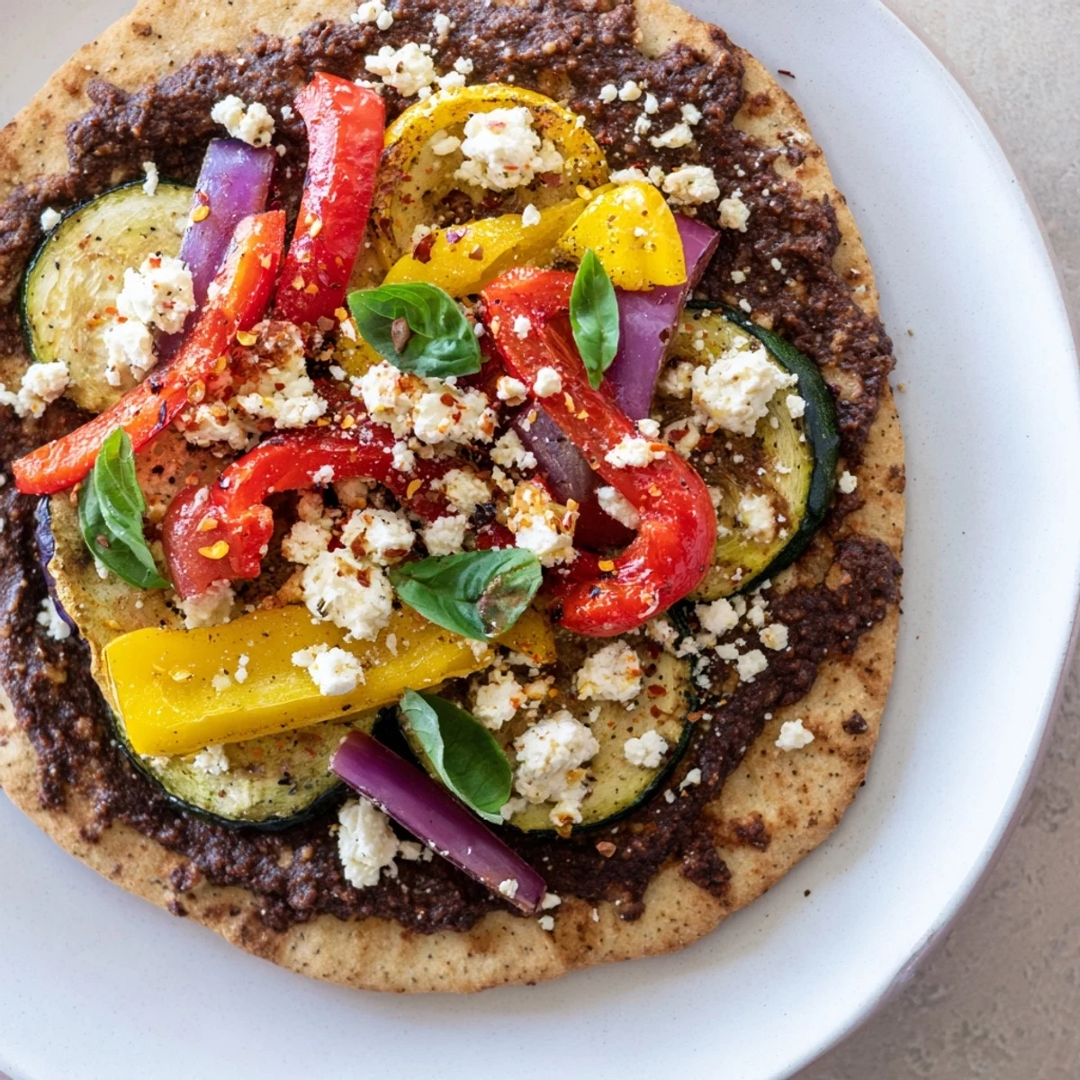 Warm Naan Bread Pizza with roasted vegetables, feta, and fragrant olive tapenade ready to be savored.