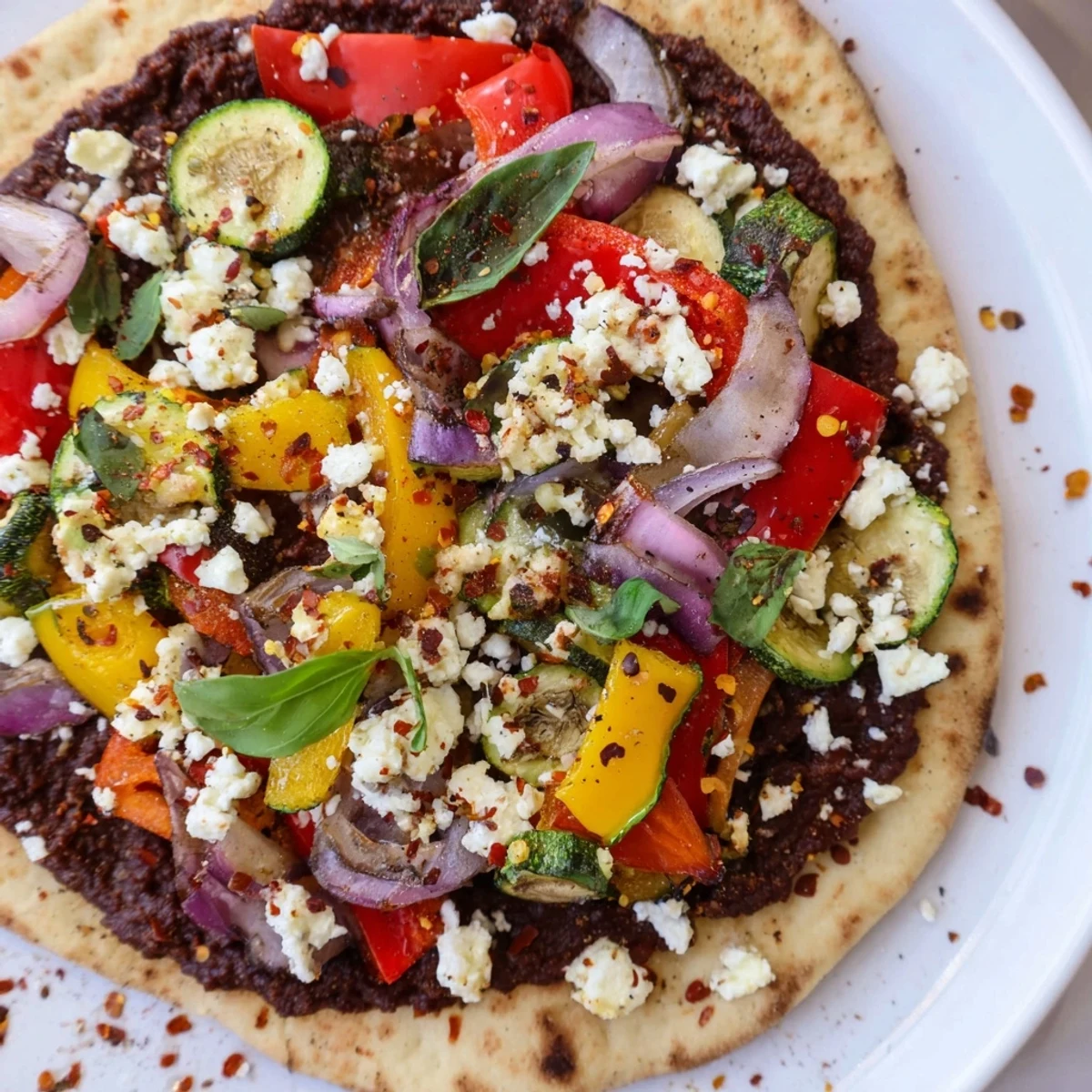 Crispy naan base topped with savory olive tapenade, feta, and colorful roasted vegetables for this pizza.