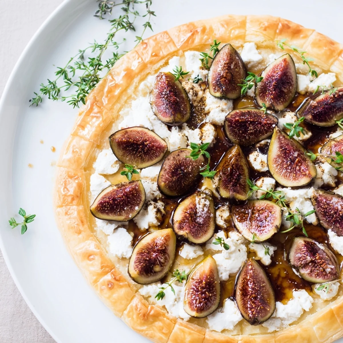 Golden-brown puff pastry truffle pizza, featuring figs, goat cheese, and a drizzle of honey.
