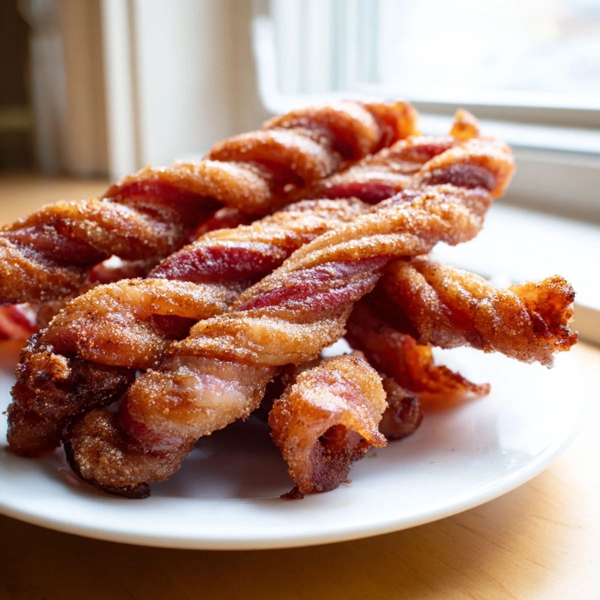 Crisp, caramelized Spiced Bacon Twists served on a platter, perfect for brunch, game day snacks, or holiday appetizers.