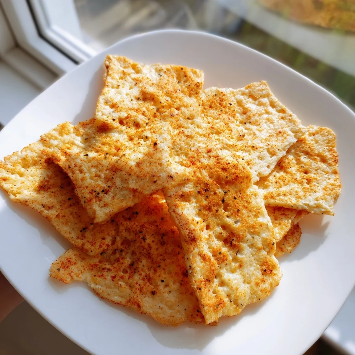 Golden-baked Cottage Cheese Chips are arranged on a parchment-lined tray, each chip crisp around the edges and lightly seasoned with smoked paprika.