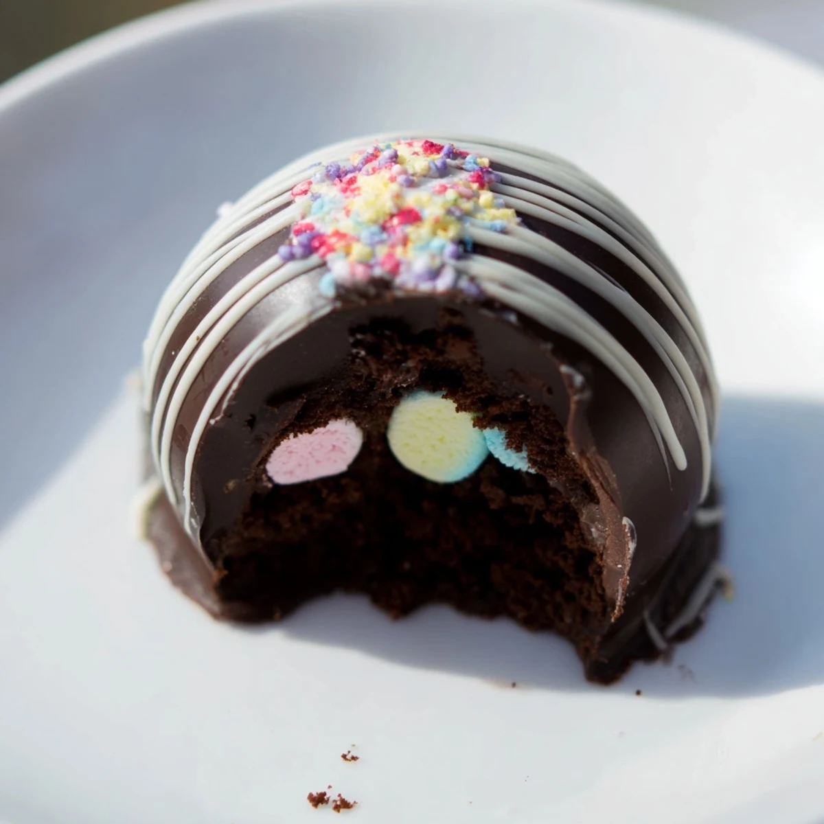 Six glossy Hot Chocolate Bombs sit on a wooden board, ready to be gifted or enjoyed.