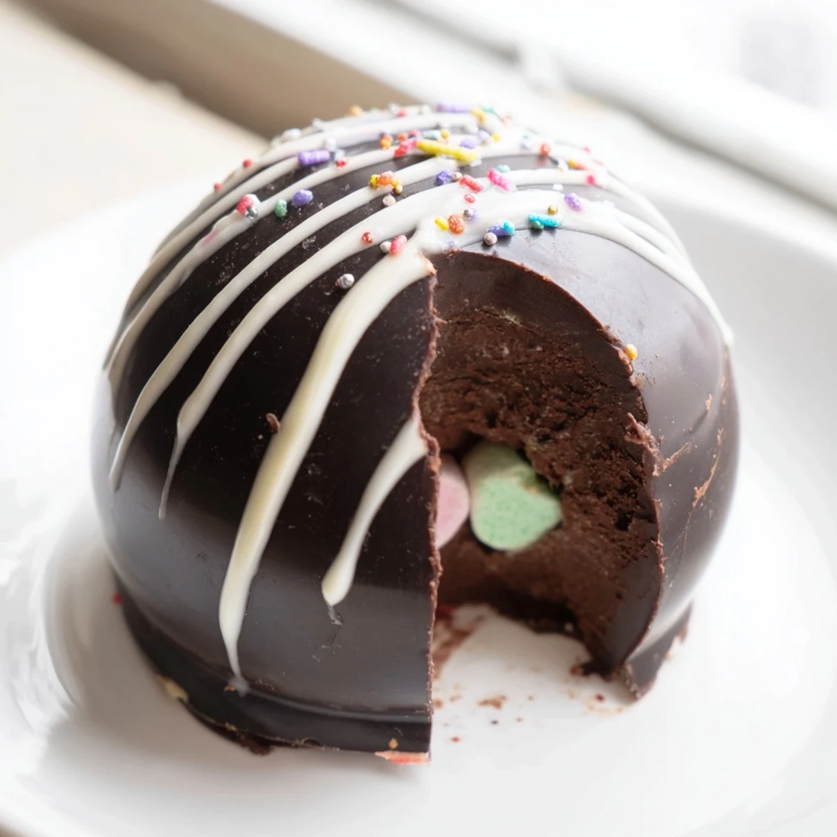 Hot Chocolate Bombs in a clear jar, with marshmallows and cocoa powder nearby.
