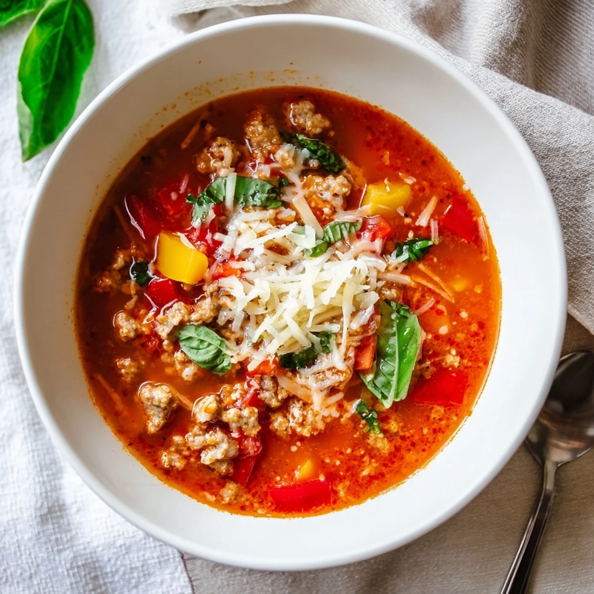 Hearty Pizza Soup served in a rustic bowl, featuring savory sausage, red bell peppers, and gooey mozzarella.  