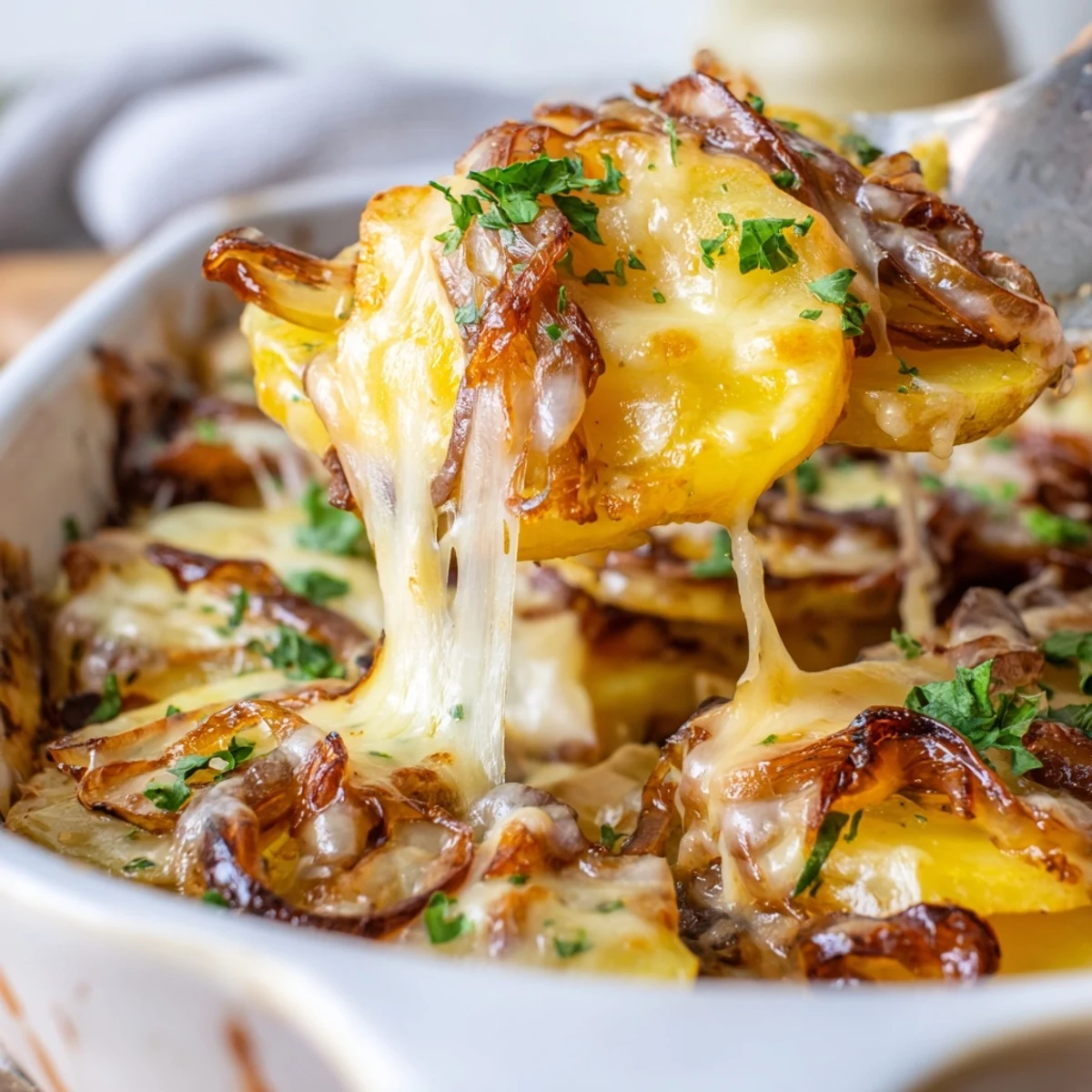 Golden roasted potato slices layered with caramelized onions and bubbling Gruyère, topped with fresh parsley for a French Onion Soup Potatoes side dish.  
