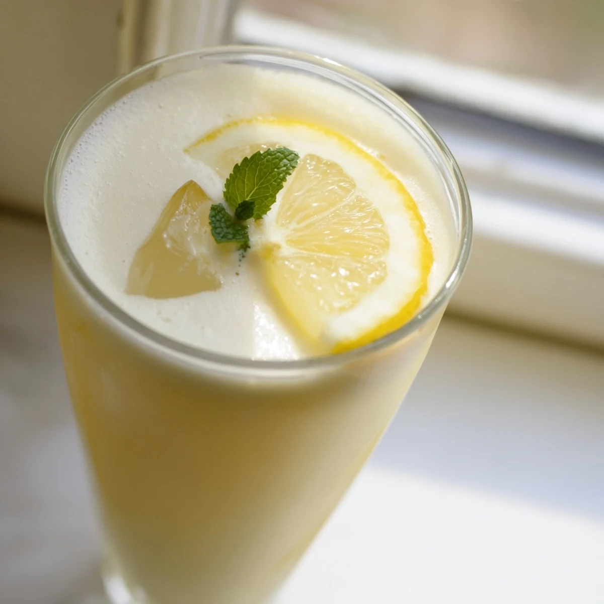 Creamy Lemonade Drink poured into a glass pitcher with ice, showing its velvety, pale yellow texture and lemon garnish.
