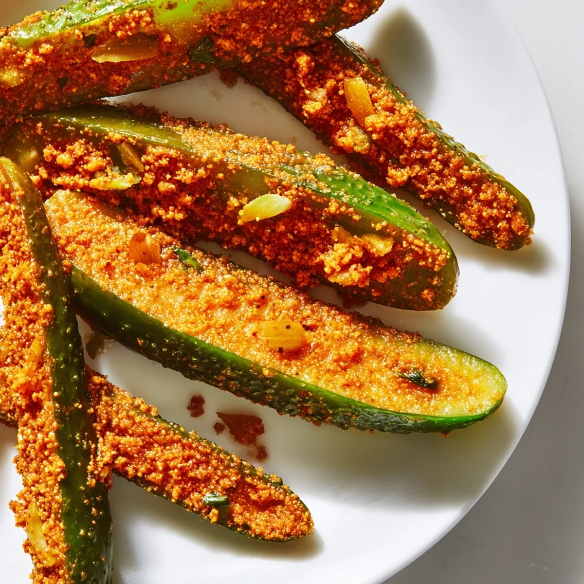 Bright green dill pickle spears marinated in homemade taco seasoning, garnished with sliced jalapeños and garlic in a clear jar.  