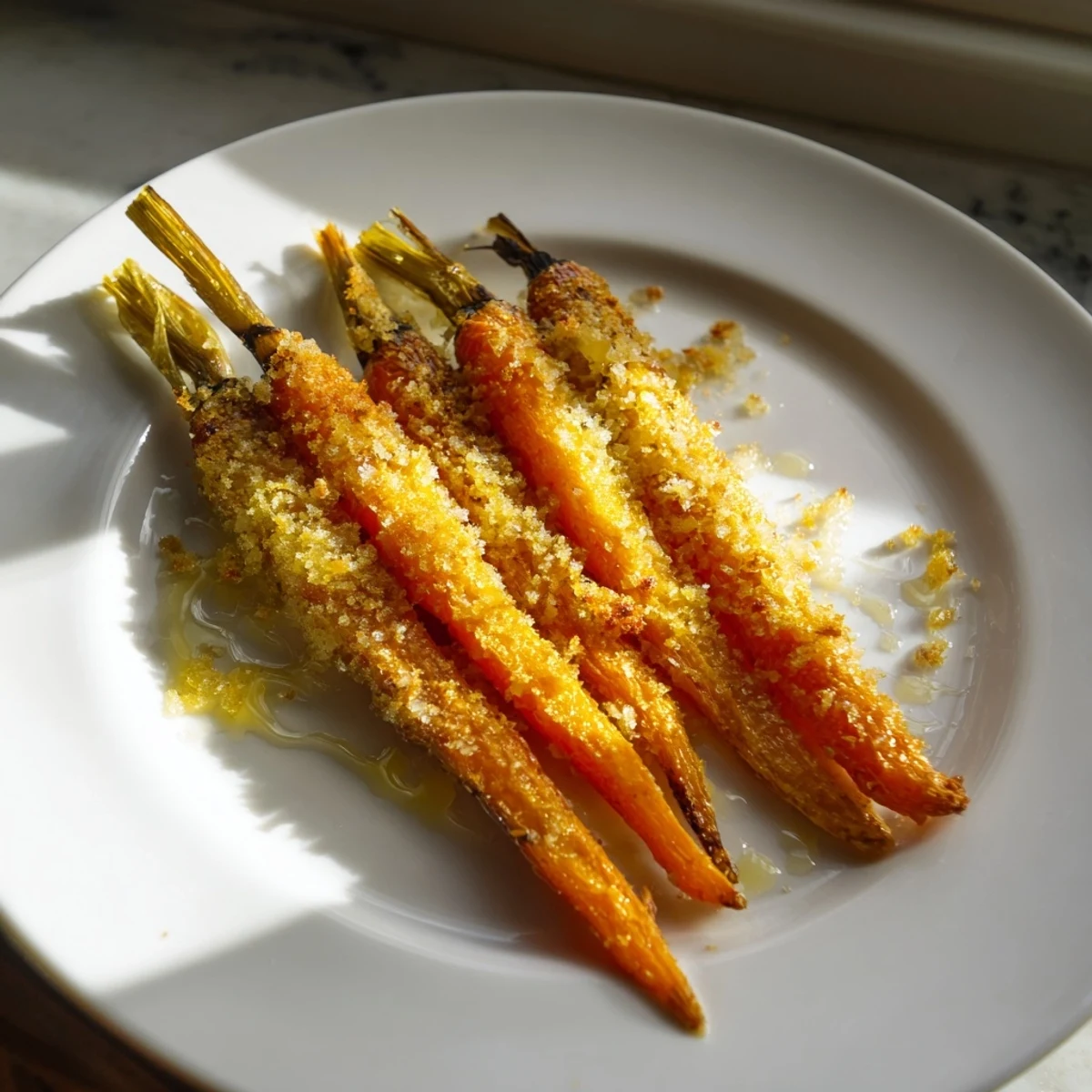 Freshly roasted Parmesan baby carrot chips with golden, caramelized edges and a sweet honey drizzle.