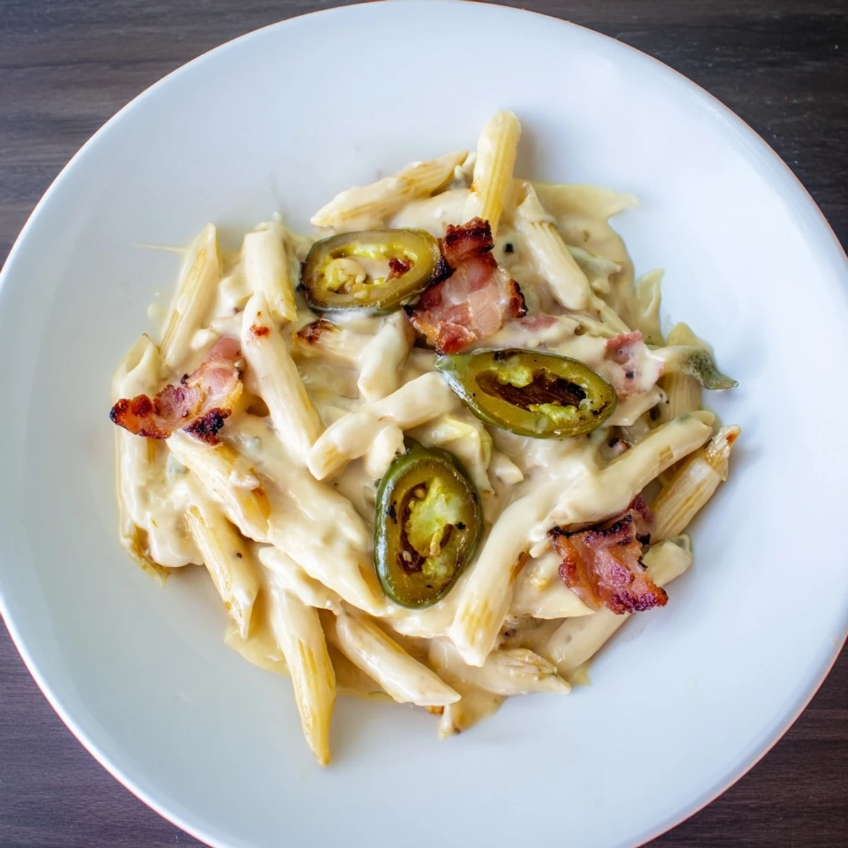 Creamy jalapeño popper pasta topped with crispy bacon, roasted peppers, and melted cheddar in a skillet.  