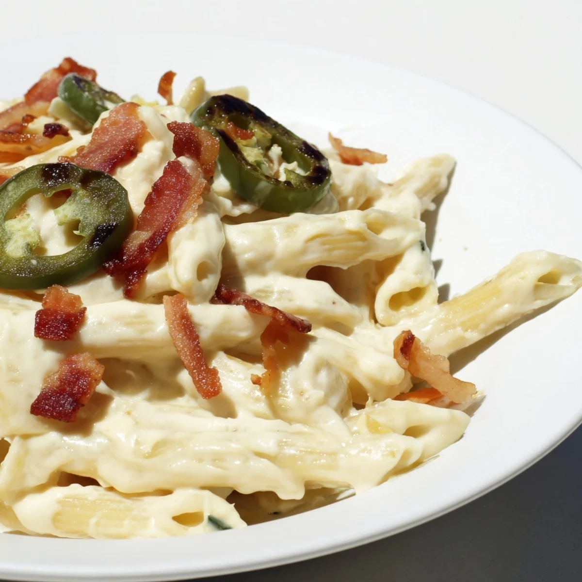 Spoon serving creamy jalapeño popper pasta with melted Monterey Jack and crispy panko breadcrumbs on top.