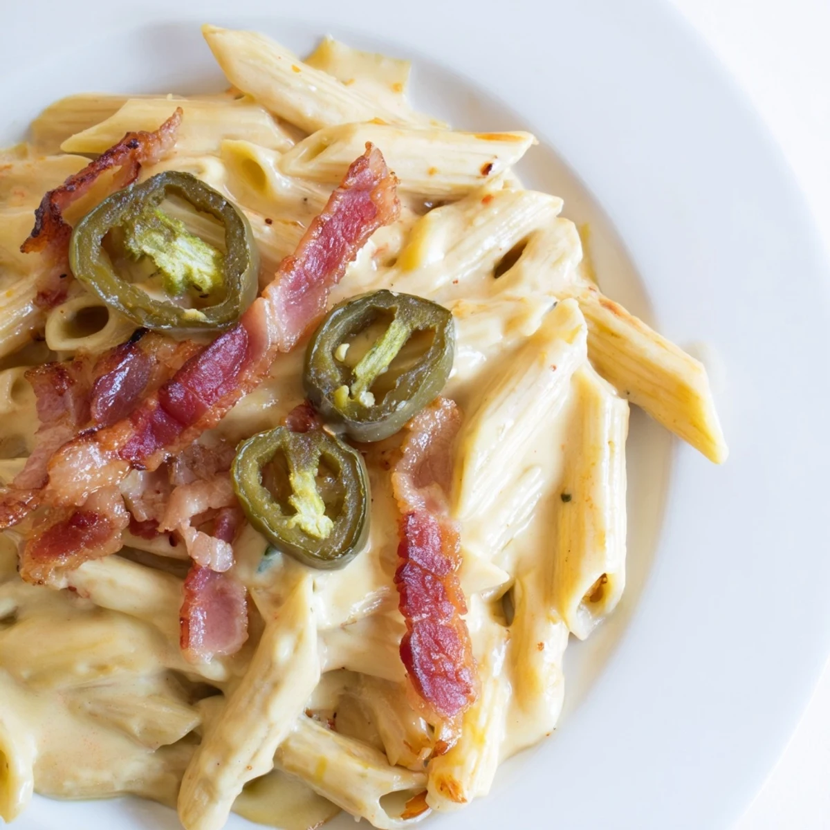 A close-up of jalapeño popper pasta with penne, bacon bits, and a cheesy, spicy cream sauce.  