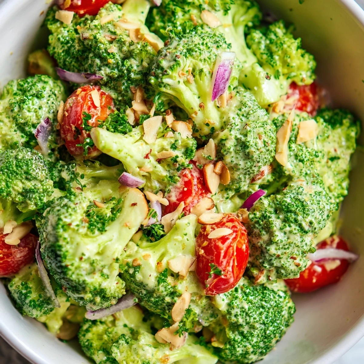 Bright, crisp broccoli salad with rich Parmesan and garlic, garnished with toasted almonds and fresh parsley for a flavorful bite.